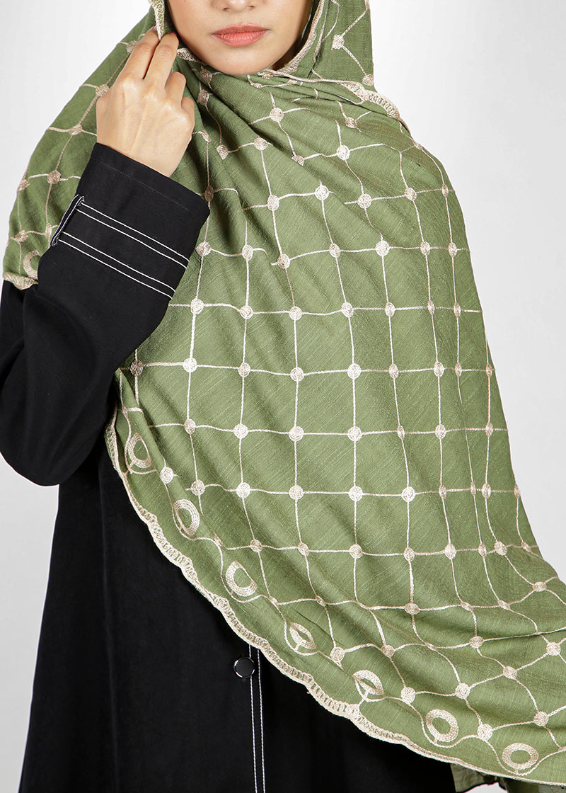 BeingMuslims Graceful Embroidered Cotton Hijab Green Pack of 10
