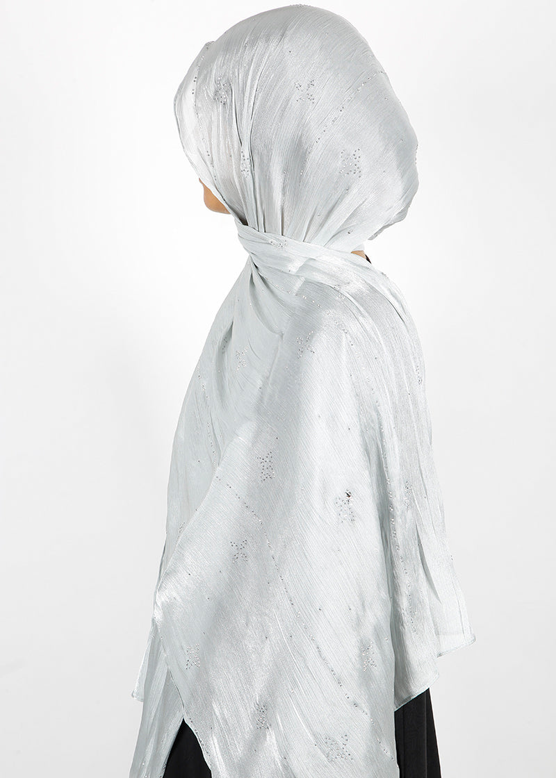 BeingMuslims Graceful Diamond Work Organza Hijab Silver Pack of 10