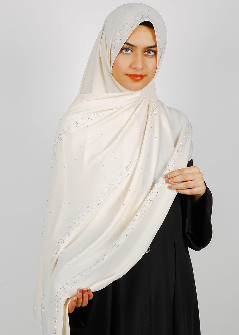 BeingMuslims Trendy Diamond Work Chiffon Hijab Off White Pack of 10