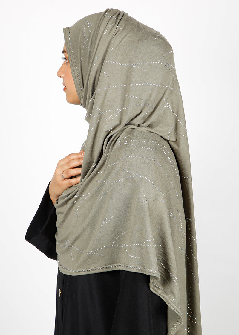 BeingMuslims Elegant Diamond Work Jersey Hijab Dull Olive Pack of 10