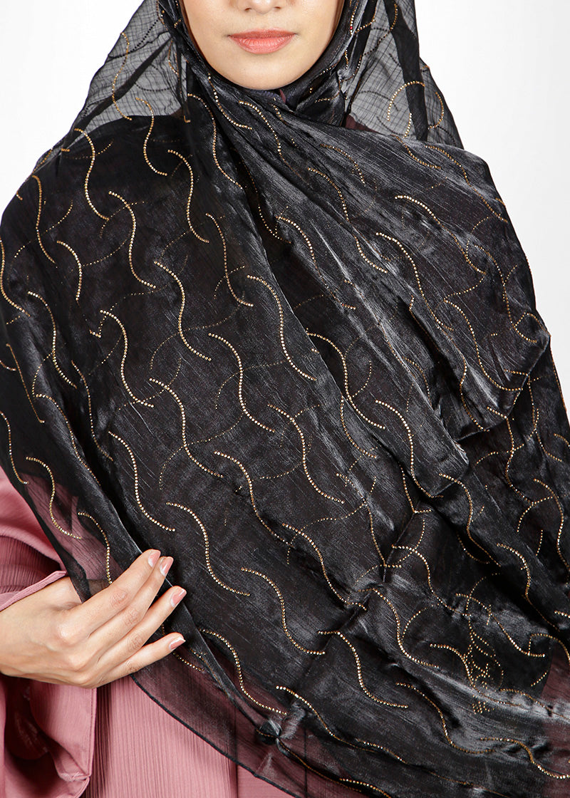 BeingMuslims Swarovski Work Organza Luxury Hijab Black Pack of 10