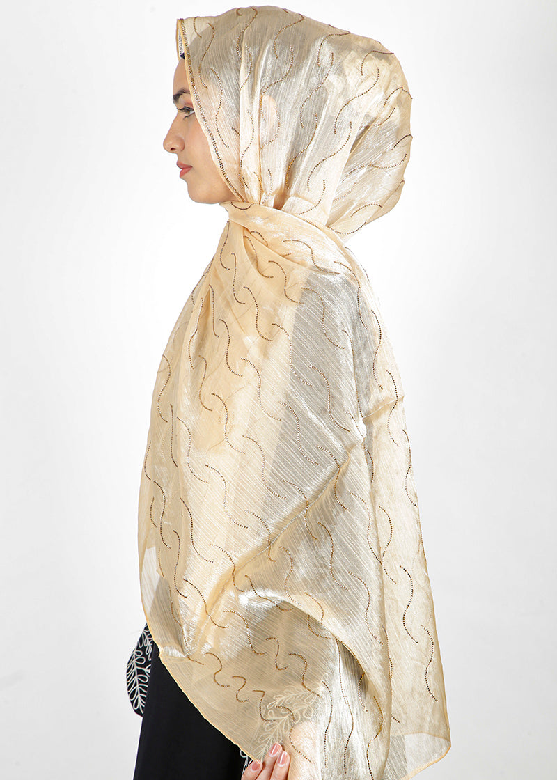 BeingMuslims Swarovski Work Organza Luxury Hijab Golden Pack of 10