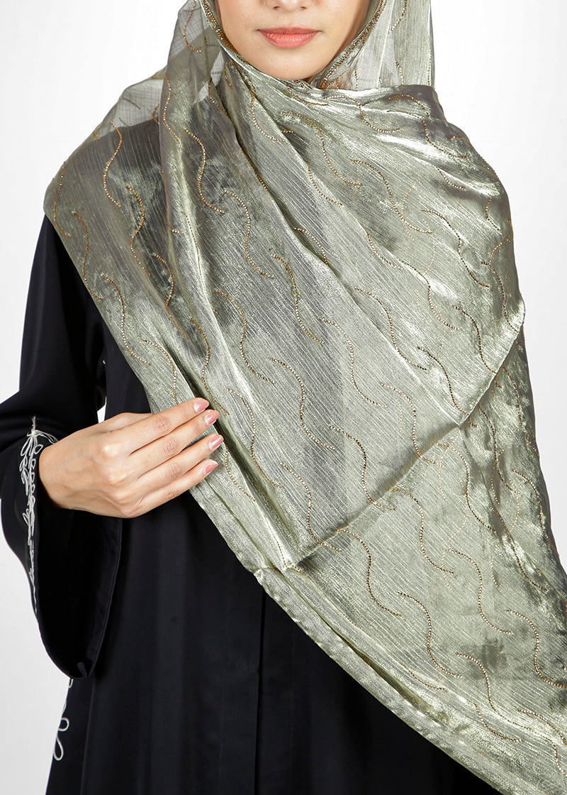 BeingMuslims Swarovski Work Organza Luxury Hijab Sage Green Pack of 10
