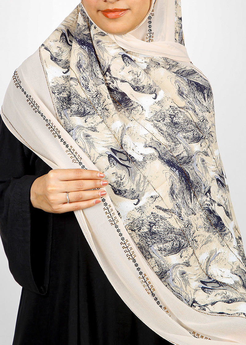 BeingMuslims Marble Print SeaFoam Satin Luxury Hijab Ivory Pack of 10