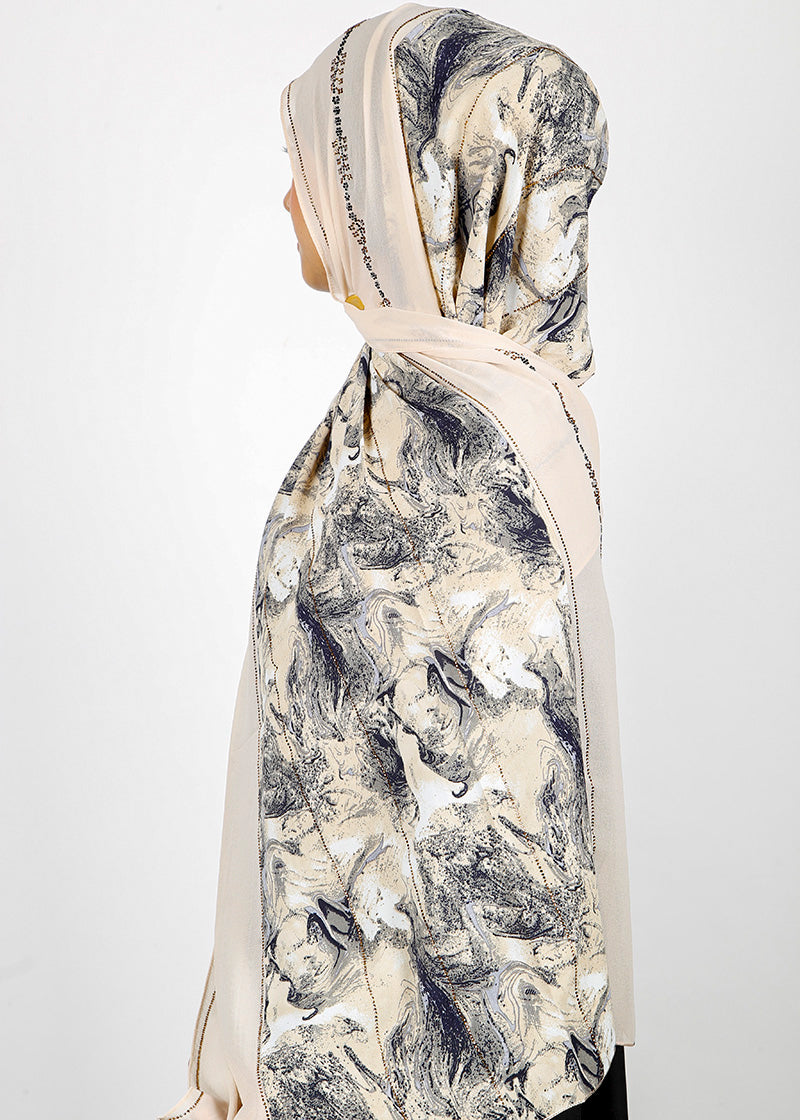 BeingMuslims Marble Print SeaFoam Satin Luxury Hijab Ivory Pack of 10