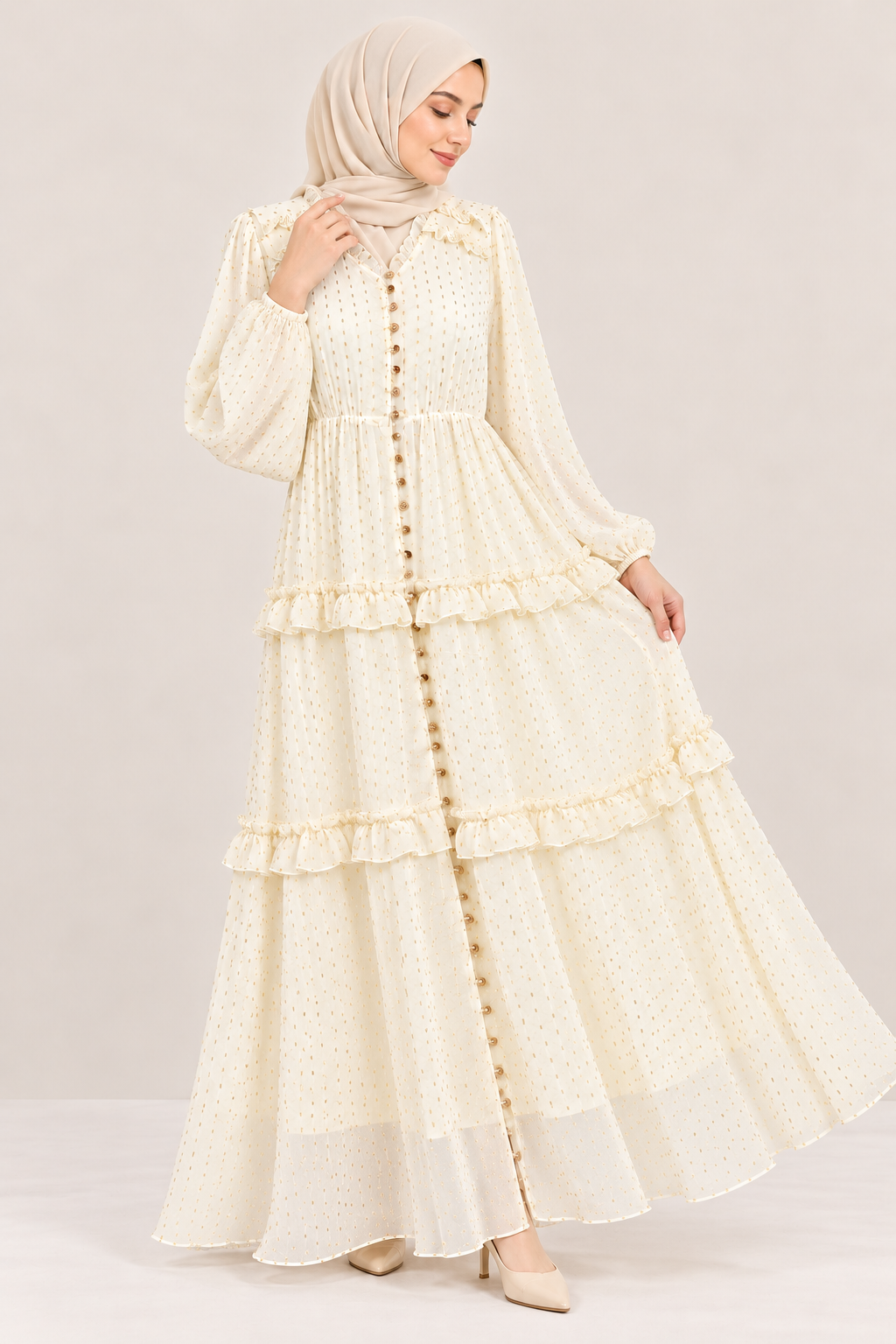 Ivory Golden-Dot Ruffle Maxi Dress