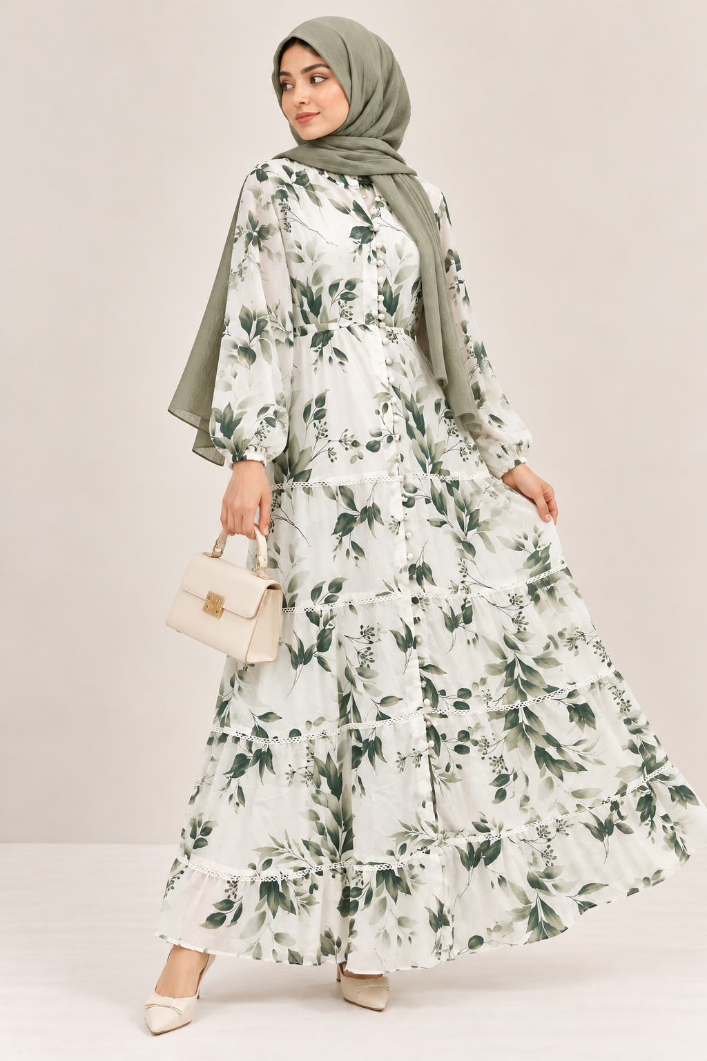 Sage Botanical Button-Front Maxi Dress