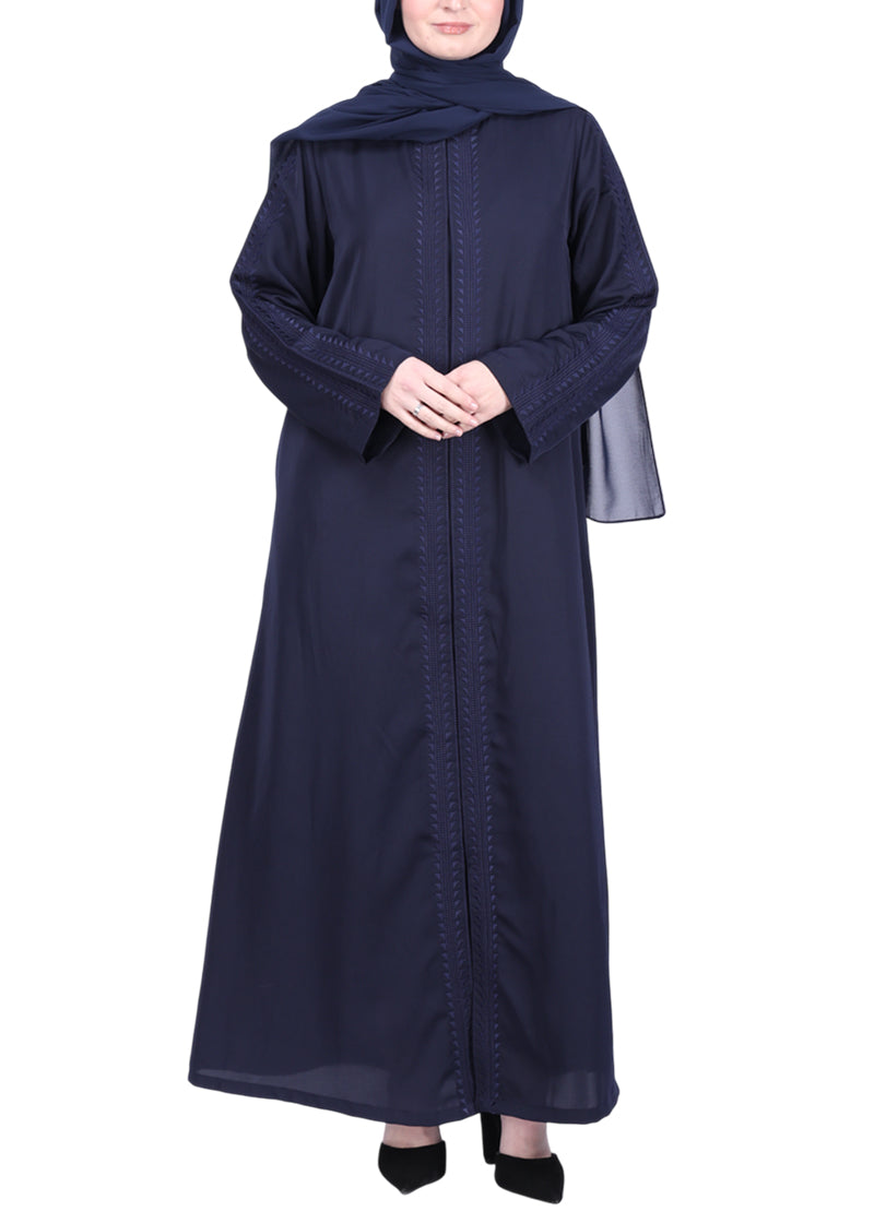 Being Muslims Intricate Embroidery Qatari Nida Abaya Navy Blue