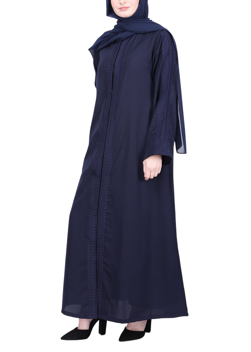 Being Muslims Intricate Embroidery Qatari Nida Abaya Navy Blue