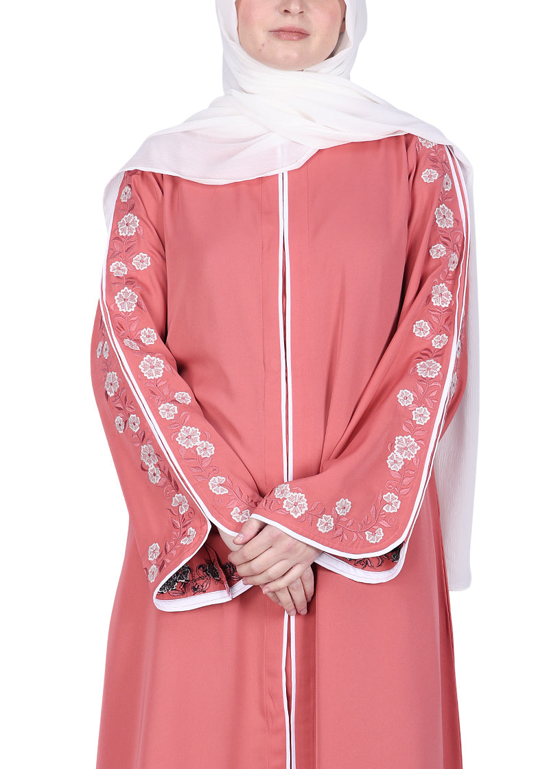 Being Muslims Contrast Sleeve Embroidery Qatari Nida Abaya Peach