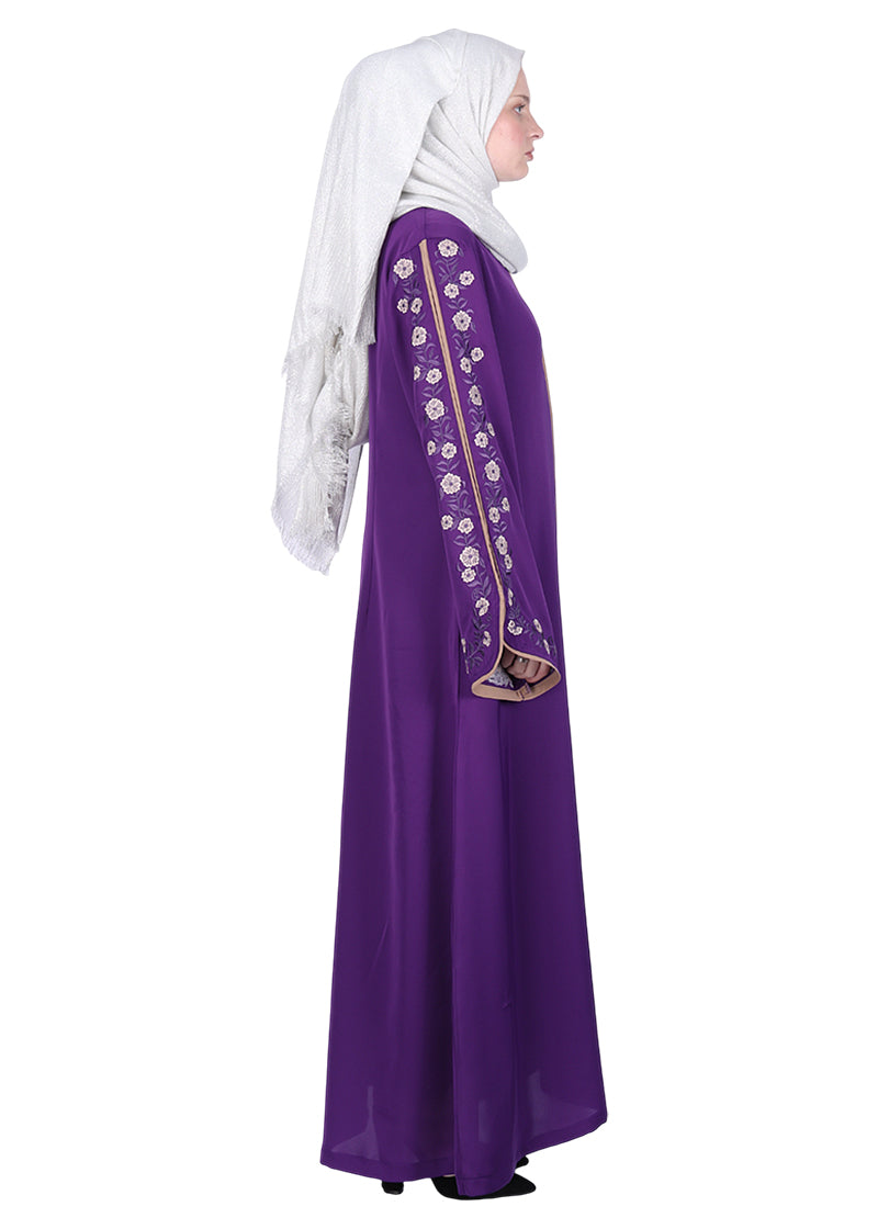 Being Muslims Contrast Sleeve Embroidery Qatari Nida Abaya Purple