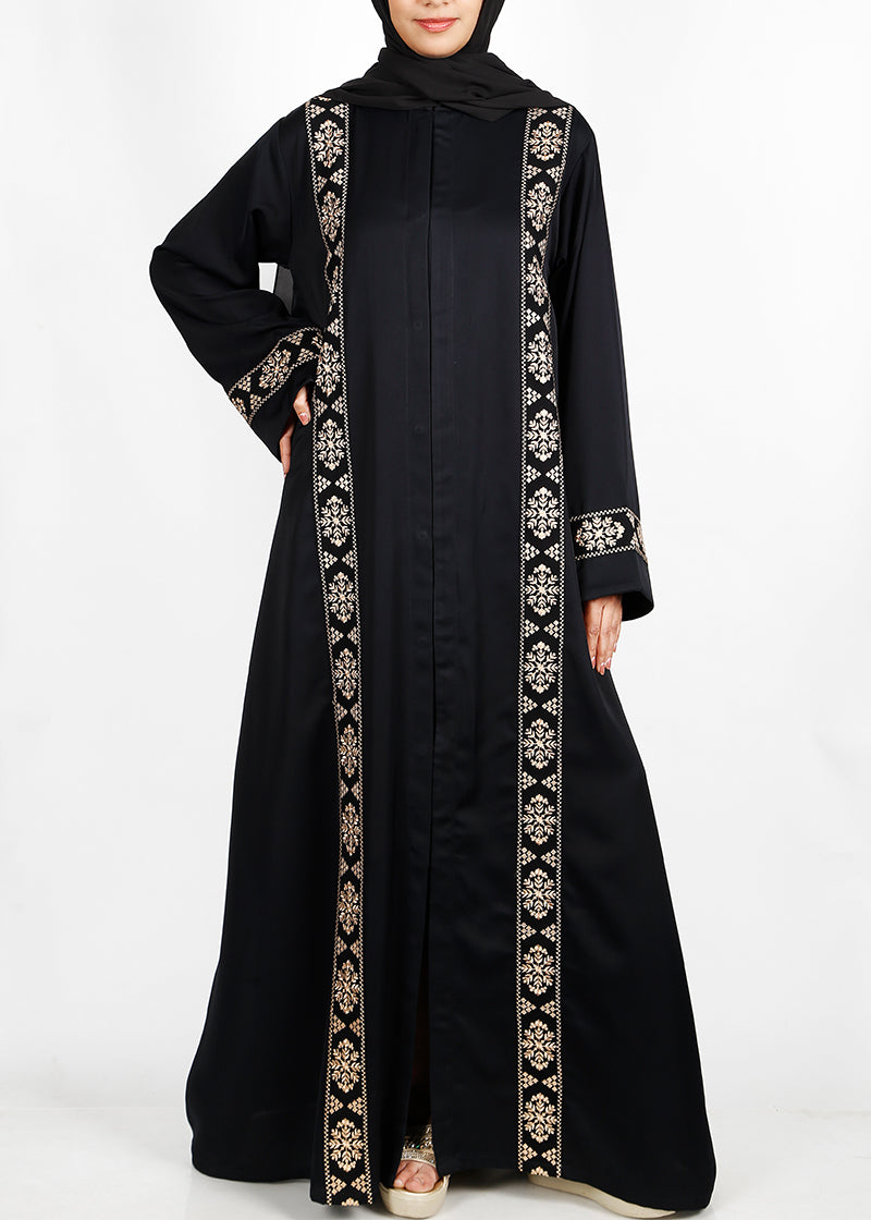 BeingMuslims Abaya with Gold Vertical embroidery Black