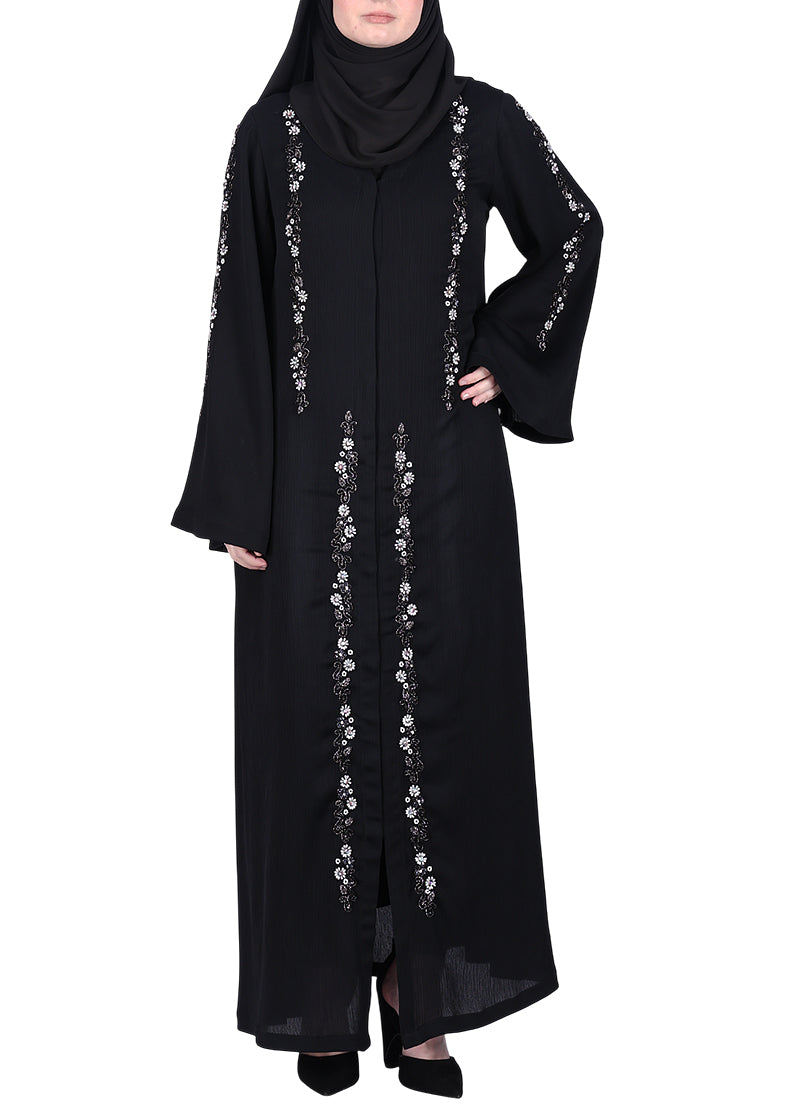 BeingMuslims Abaya with Designer Intricate Hand Embroidery Black