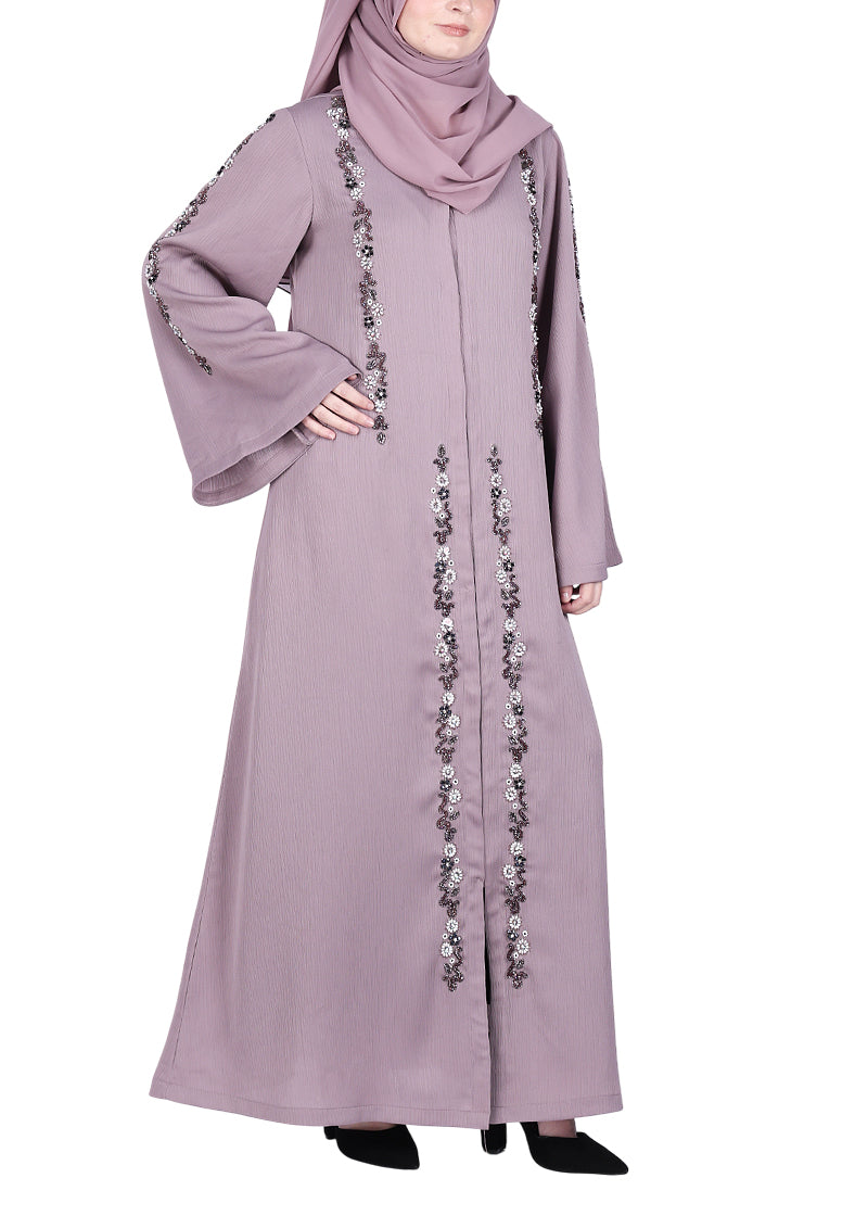 BeingMuslims Abaya with Designer Intricate Hand Embroidery Purple