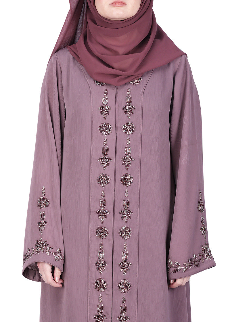 BeingMuslims Abaya with Rich Intricate Hand Embroidery Purple