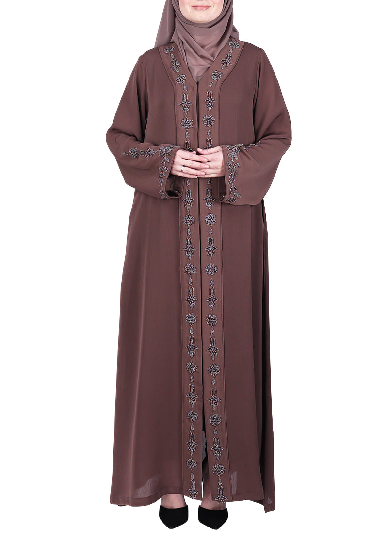 BeingMuslims Abaya with Rich Intricate Hand Embroidery Brown