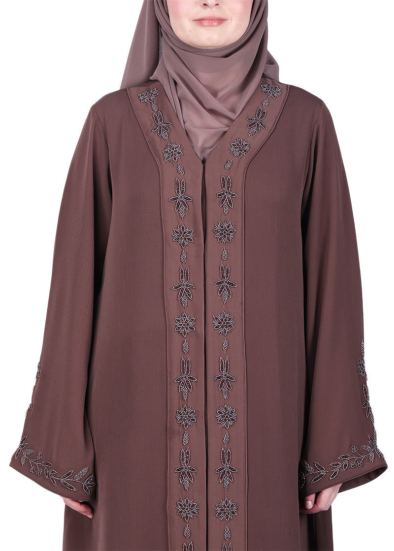 BeingMuslims Abaya with Rich Intricate Hand Embroidery Brown