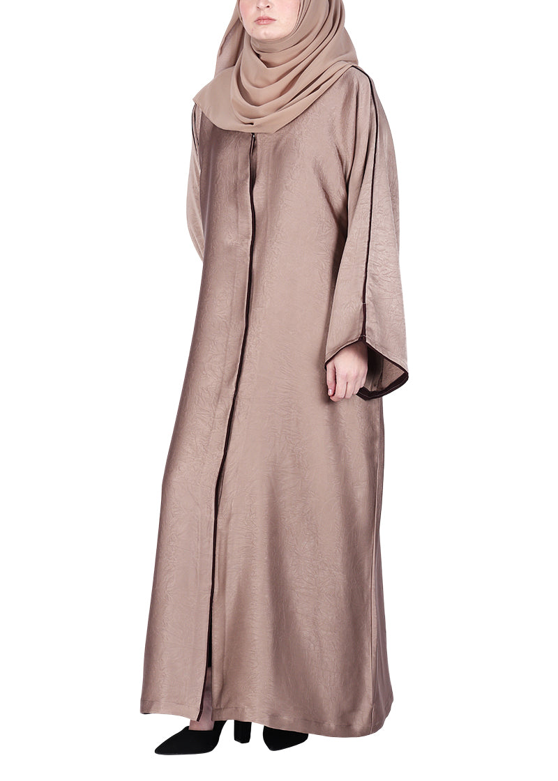 BeingMuslims Gleaming Elite Crush Abaya with Piping Oak Brown