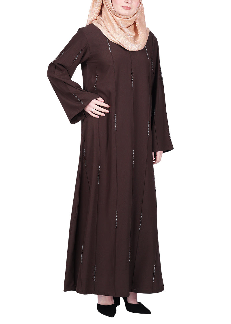 BeingMuslims Abaya with Vertical Piping with Hand Embroidery Dark Brown