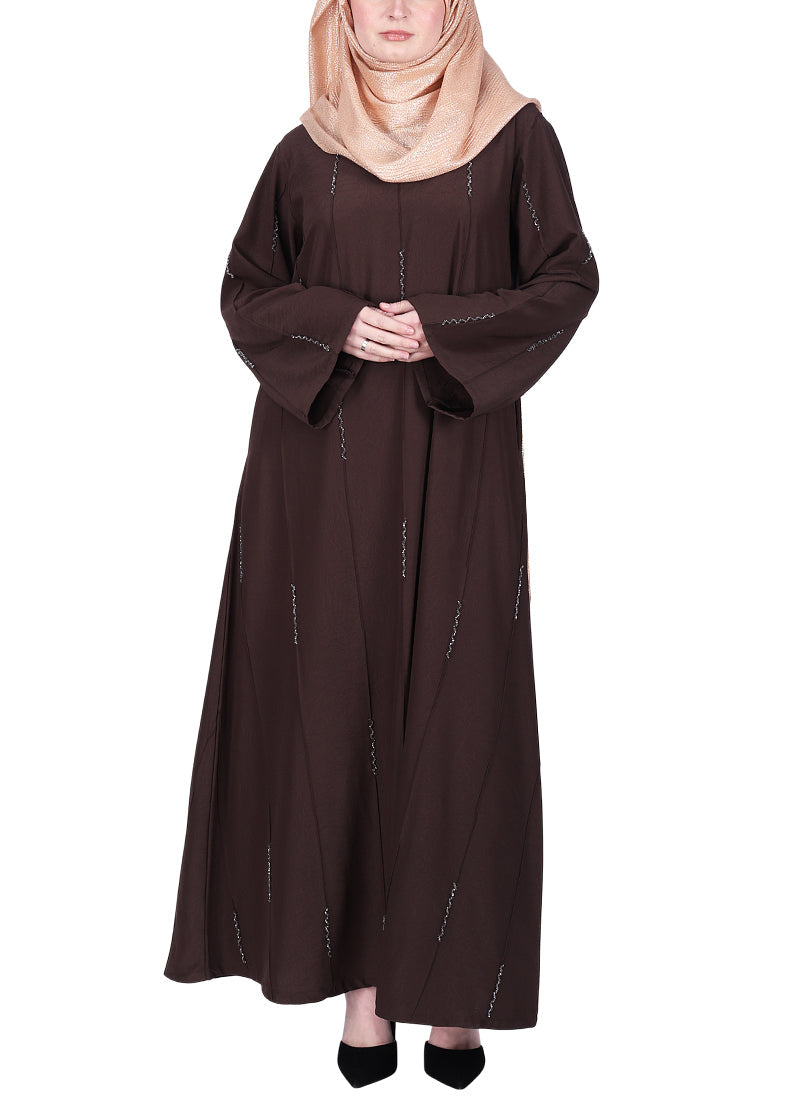 BeingMuslims Abaya with Vertical Piping with Hand Embroidery Dark Brown