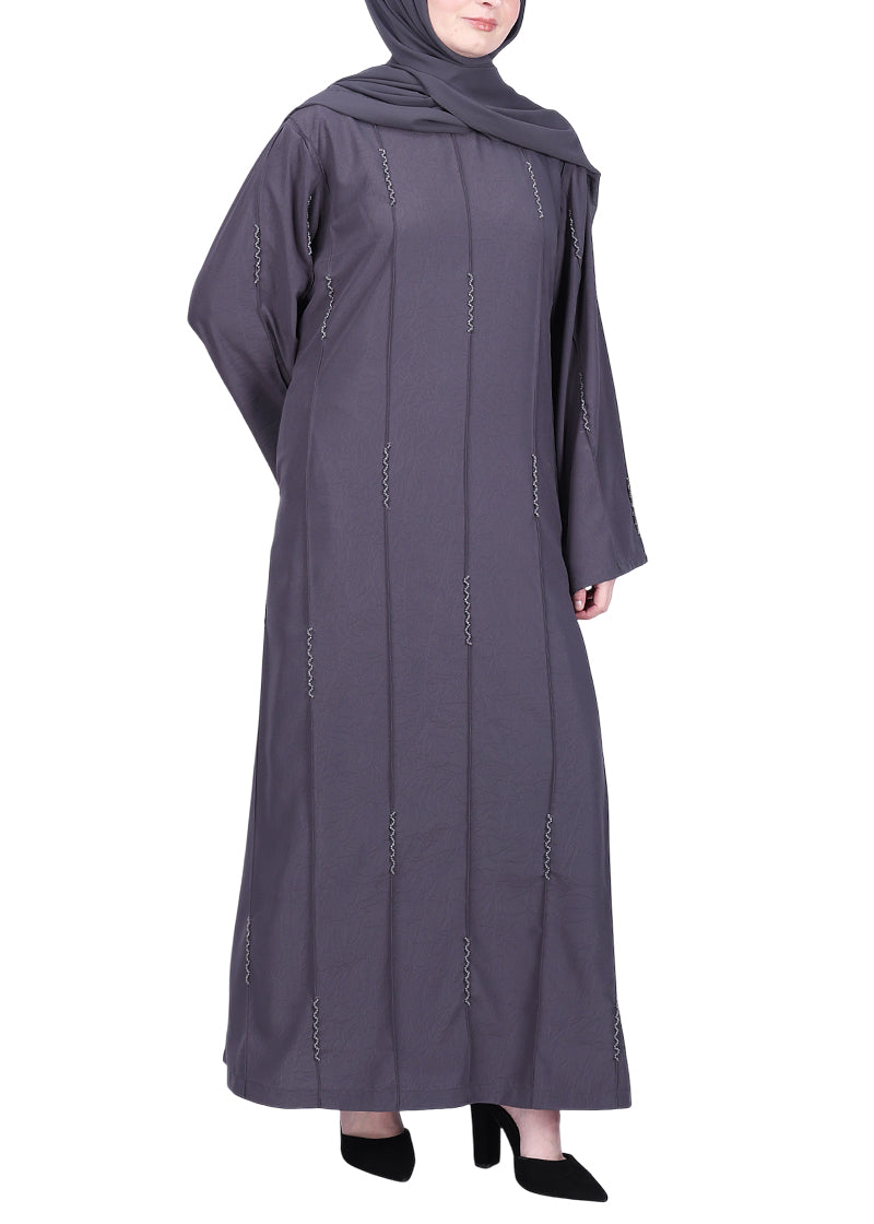 BeingMuslims Abaya with Vertical Piping with Hand Embroidery Dark Grey