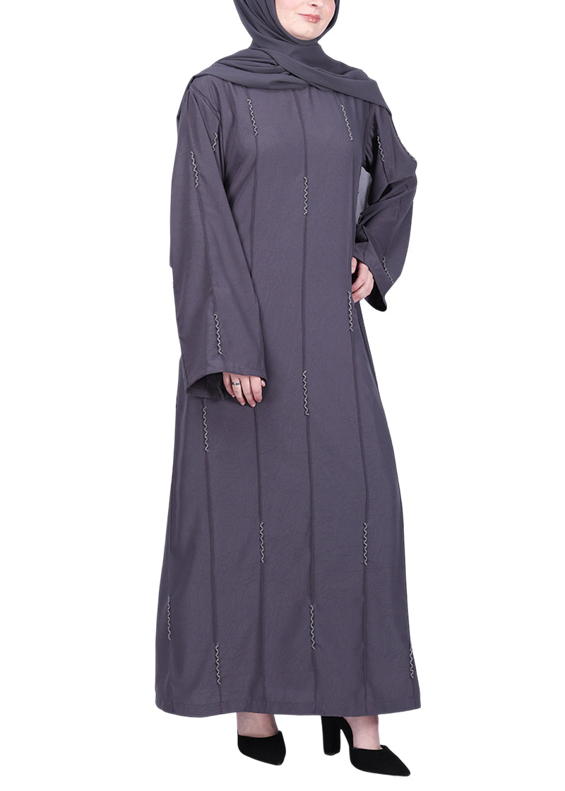BeingMuslims Abaya with Vertical Piping with Hand Embroidery Dark Grey