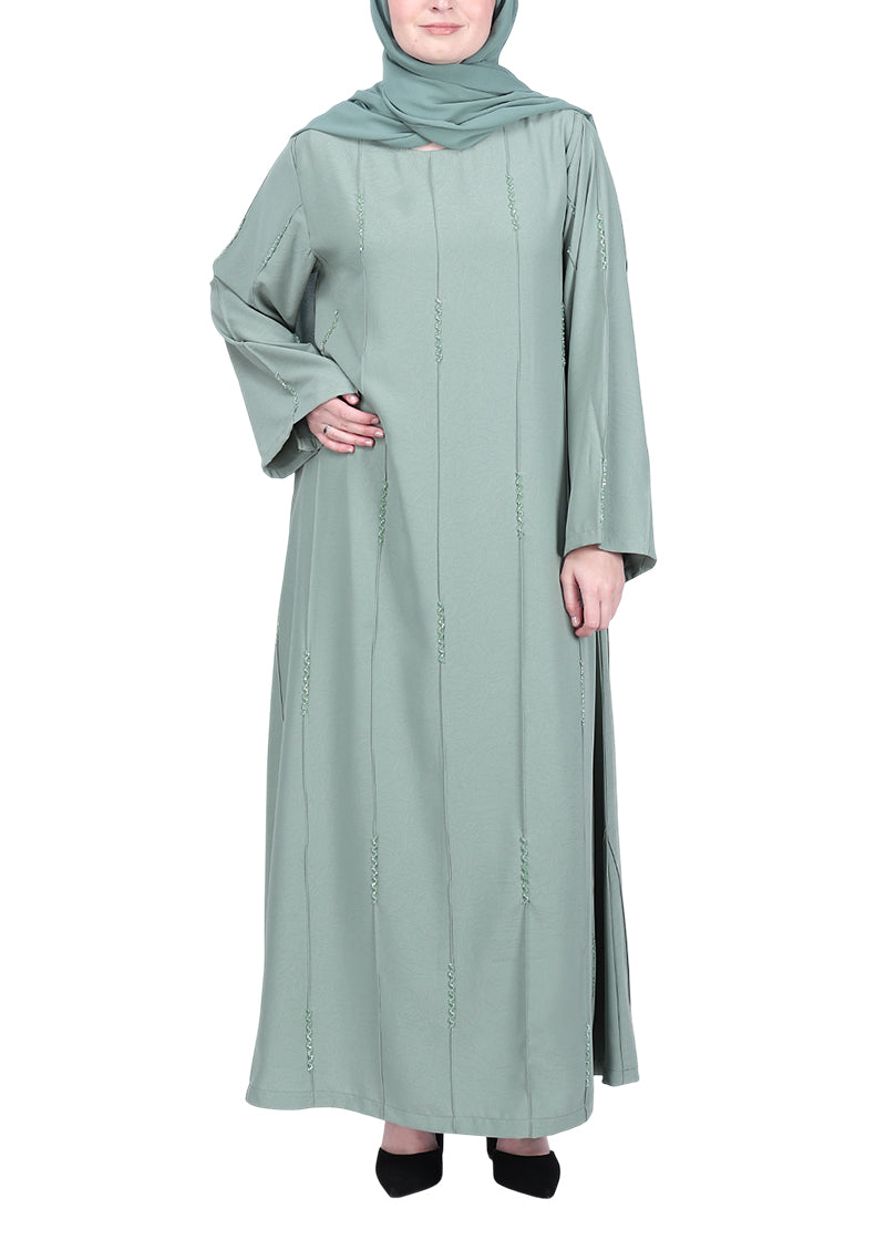 BeingMuslims Abaya with Vertical Piping with Hand Embroidery Mint