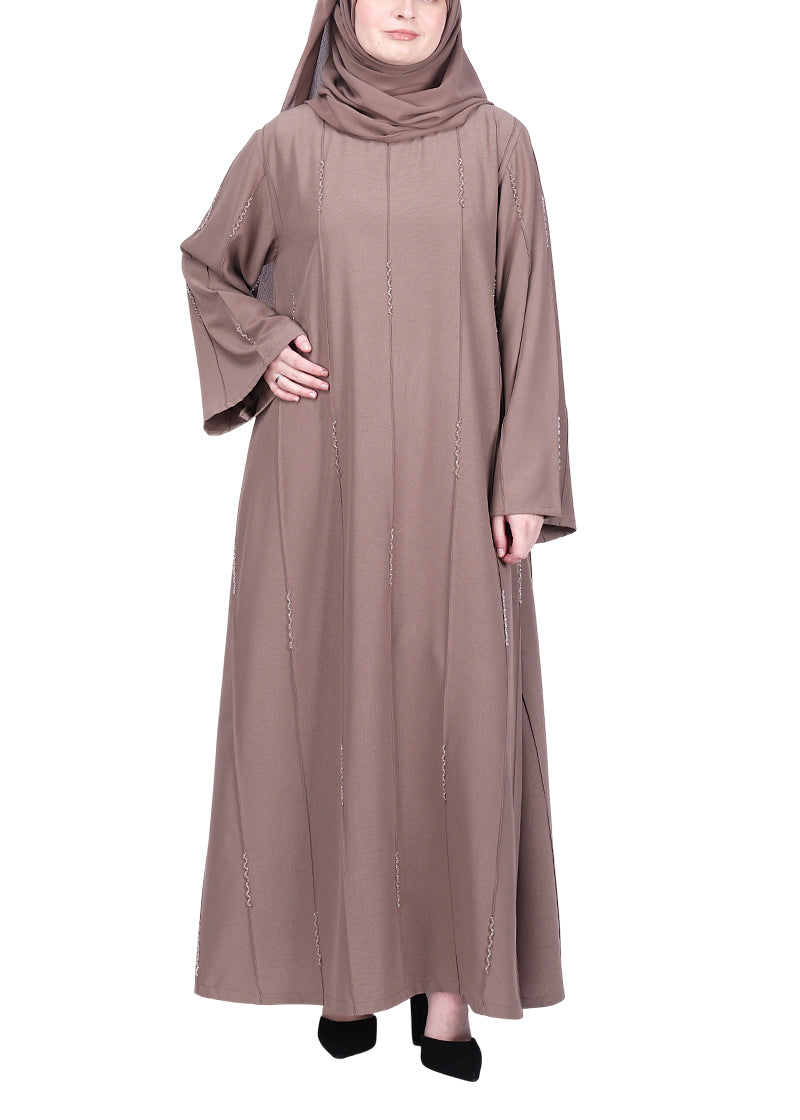 BeingMuslims Abaya with Vertical Piping with Hand Embroidery Oak Brown