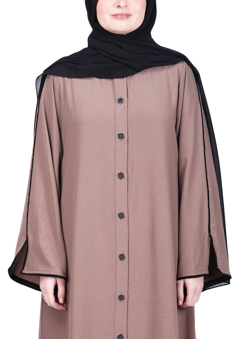 BeingMuslims Sophisticated Abaya with Back Piping. Oak Brown