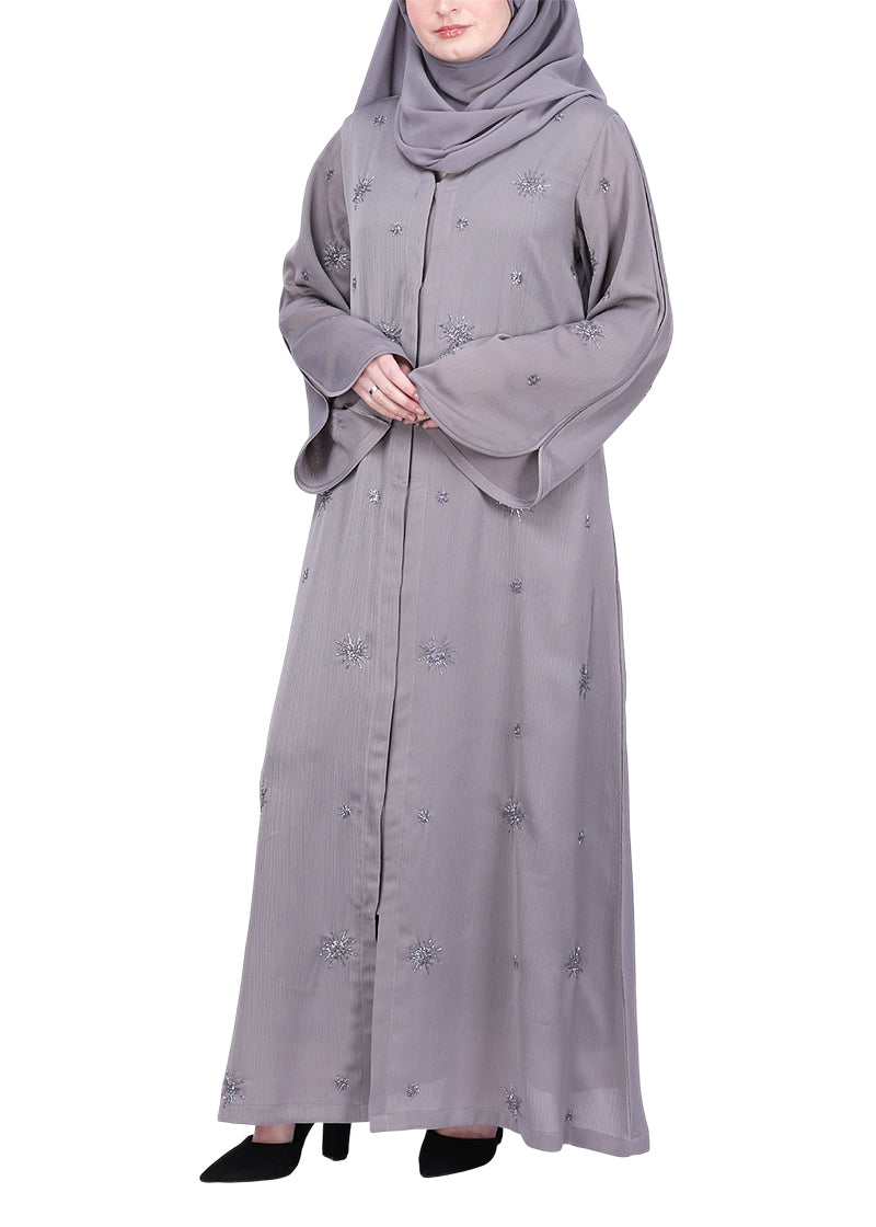 BeingMuslims Abaya with Starburst Crystal Embroidery Motifs Grey