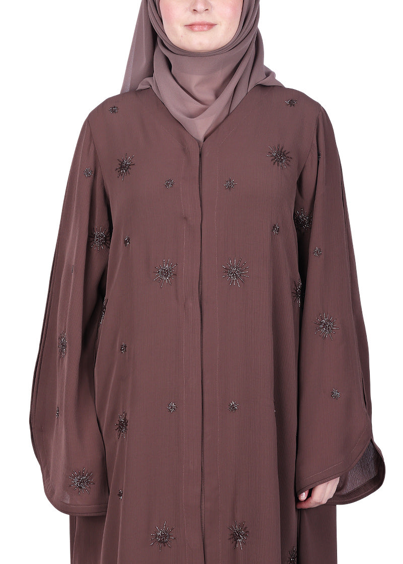 BeingMuslims Abaya with Starburst Crystal Embroidery Motifs Brown