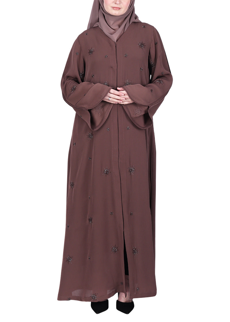 BeingMuslims Abaya with Starburst Crystal Embroidery Motifs Brown