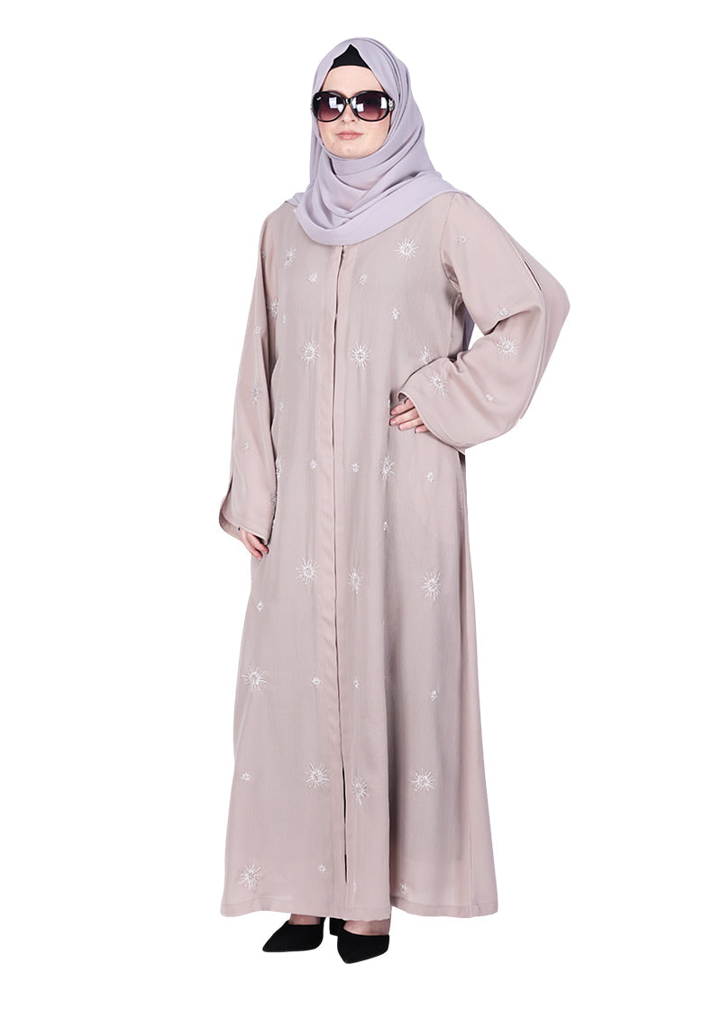 BeingMuslims Abaya with Starburst Crystal Embroidery Motifs Beige