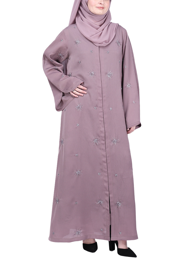 BeingMuslims Abaya with Starburst Crystal Embroidery Motifs Light Purple