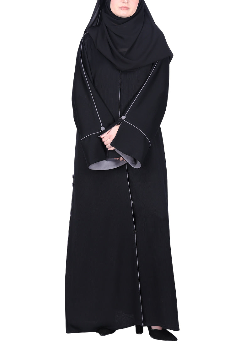 BeingMuslims Flowy Abaya with Sleek contrast Piping Black