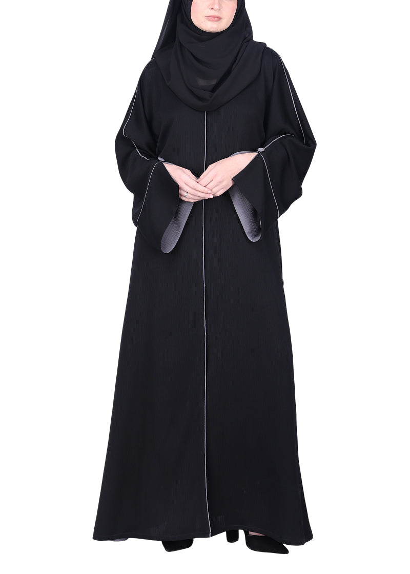 BeingMuslims Flowy Abaya with Sleek contrast Piping Black