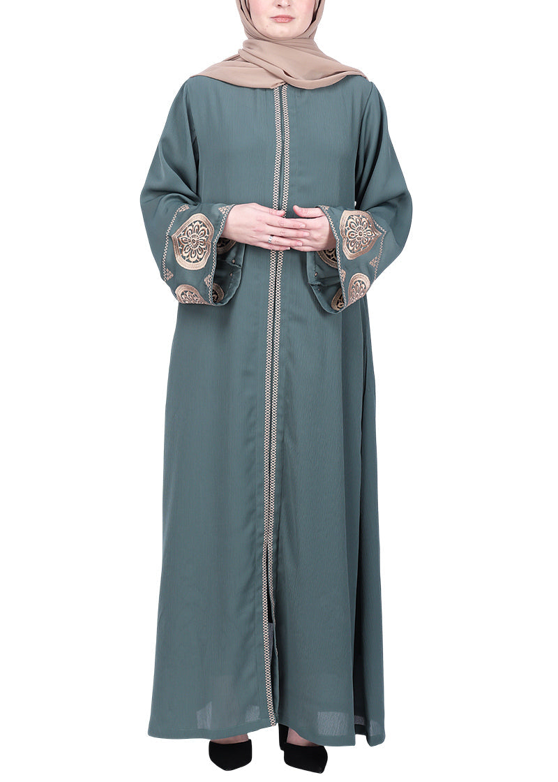 BeingMuslims Extraordinary Abaya Golden Circular Medallion Motifs Olive