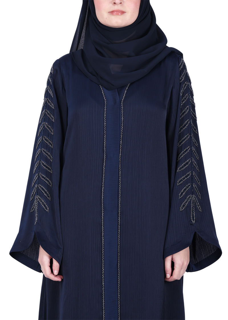 BeingMuslims Abaya with Subtle Embroidery with Leaf Inspired Motifs. Navy Blue