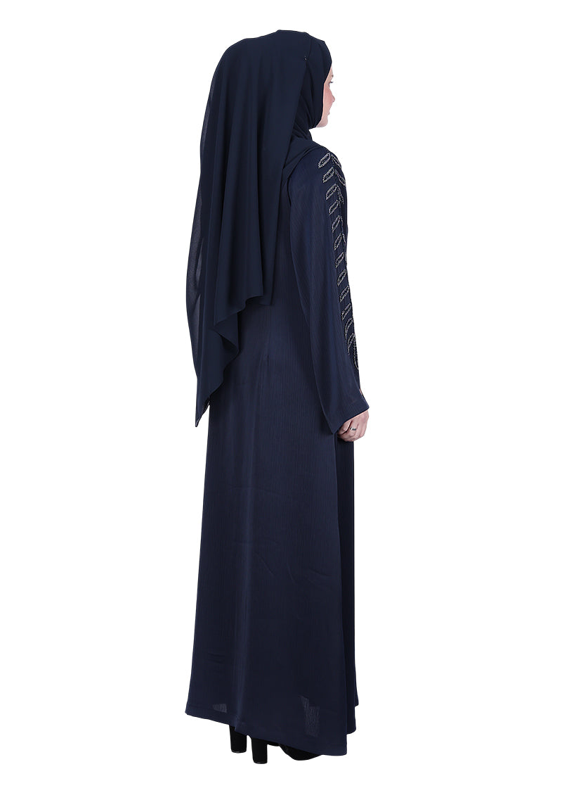 BeingMuslims Abaya with Subtle Embroidery with Leaf Inspired Motifs. Navy Blue