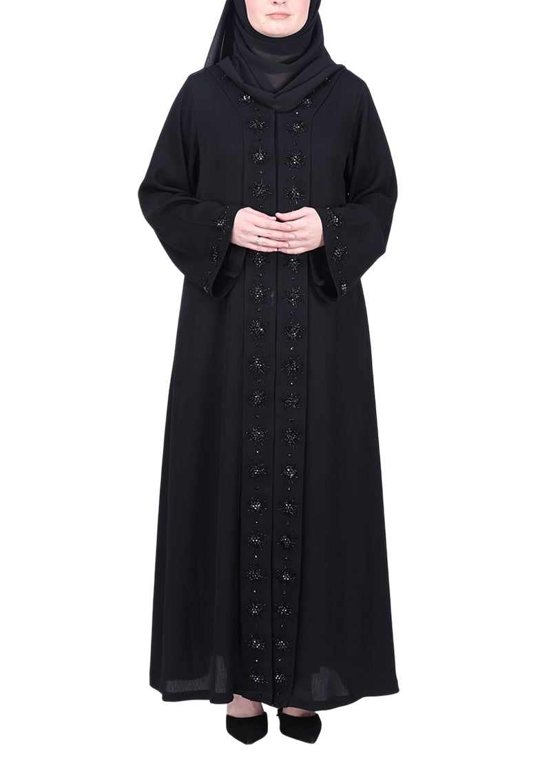 BeingMuslims Luxury Abaya with Rich Floral Beadwork Embroidery Black