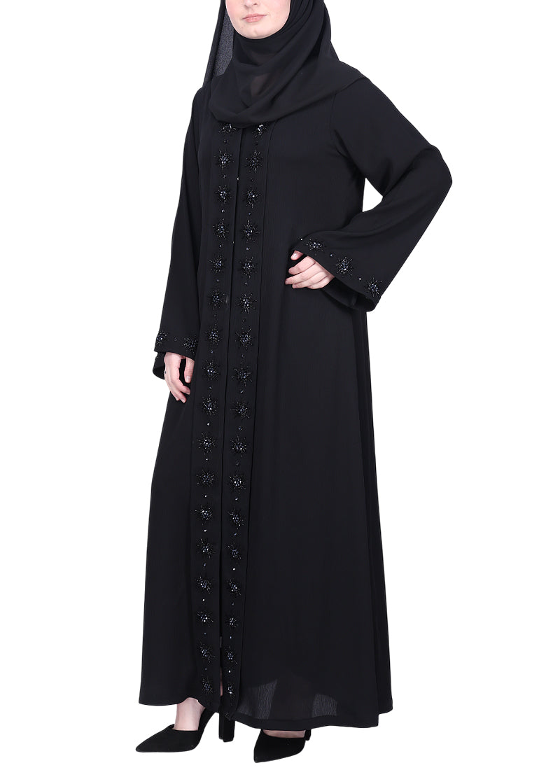 BeingMuslims Luxury Abaya with Rich Floral Beadwork Embroidery Black