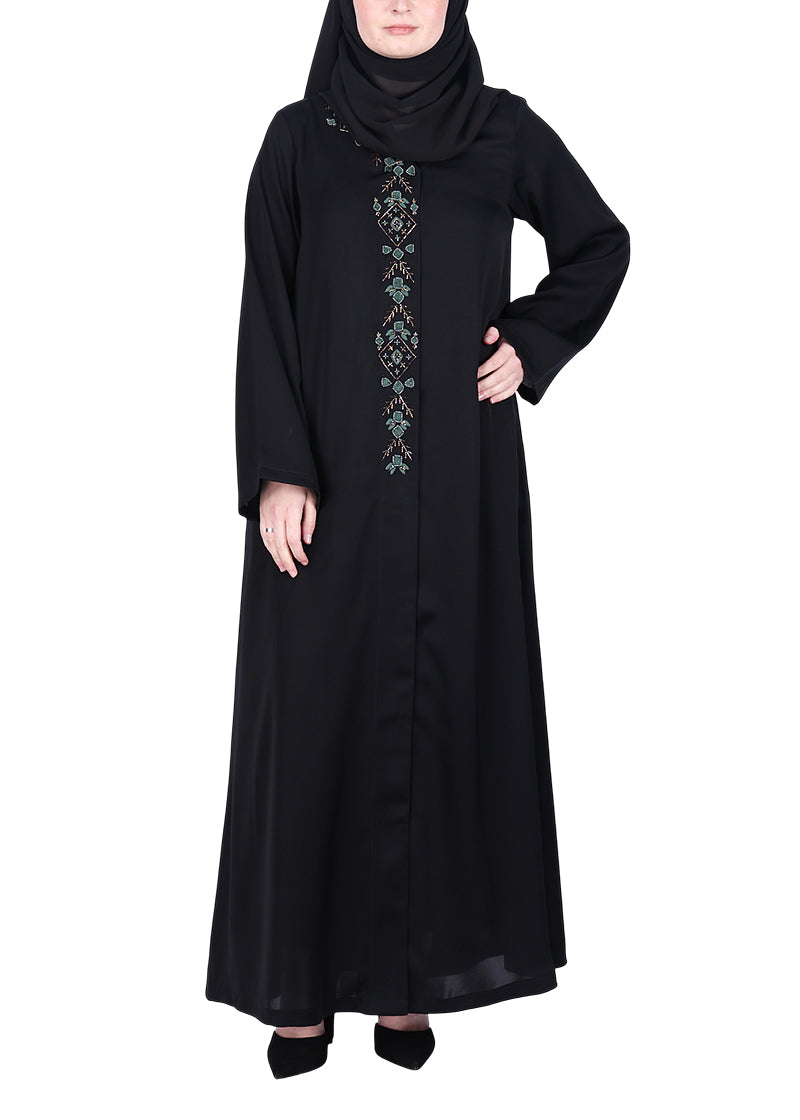 BeingMuslims Luxury Abaya with Muted Jewel Tone Embroidery Black