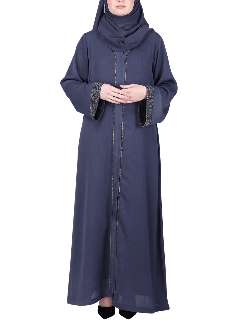 BeingMuslims Luxury Abaya with Subtle Handwork of Timeless Detailing. Dark Grey