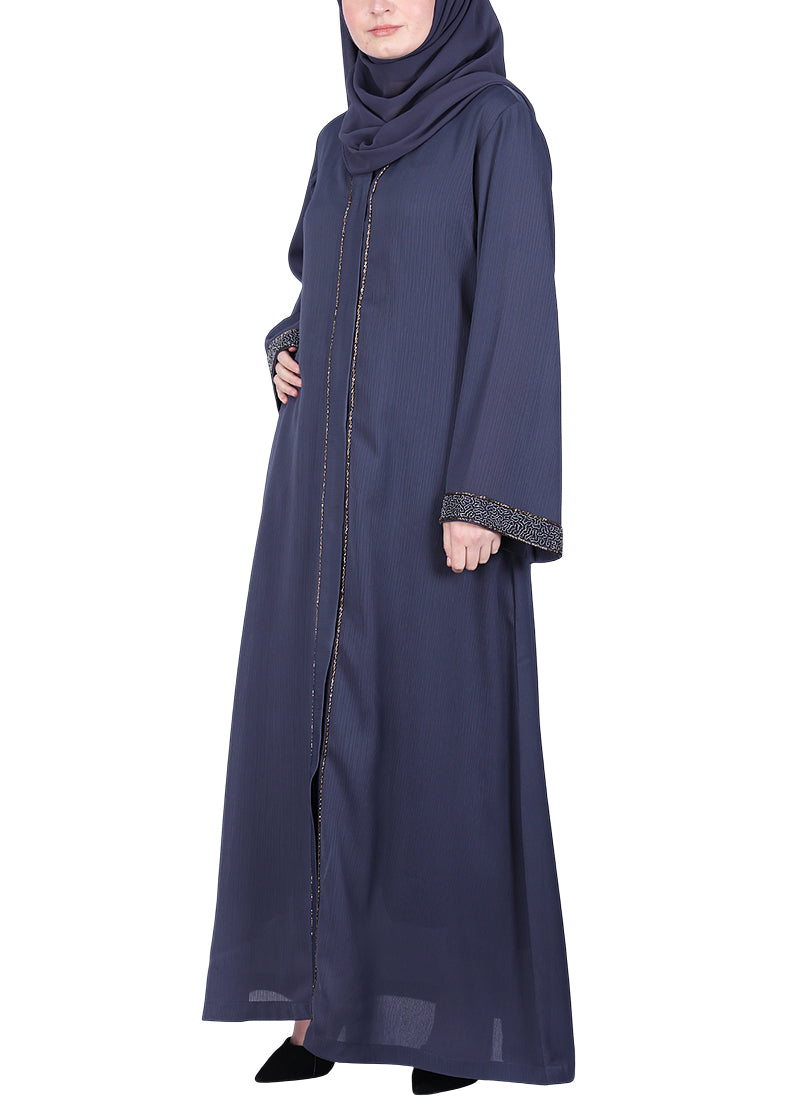 BeingMuslims Luxury Abaya with Subtle Handwork of Timeless Detailing. Dark Grey