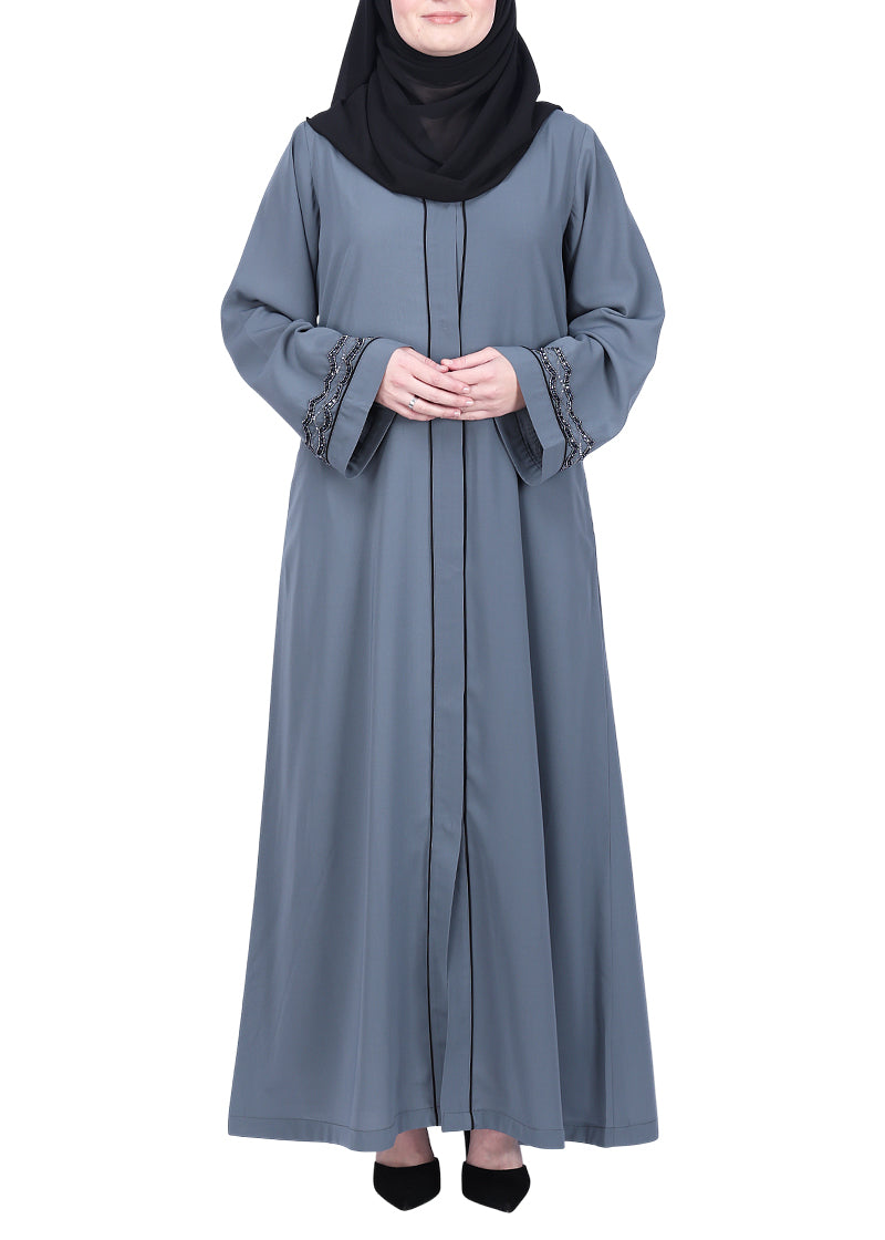 BeingMuslims Opulent Abaya with Delicate Embroidered Sleeve Cuffs. Grey