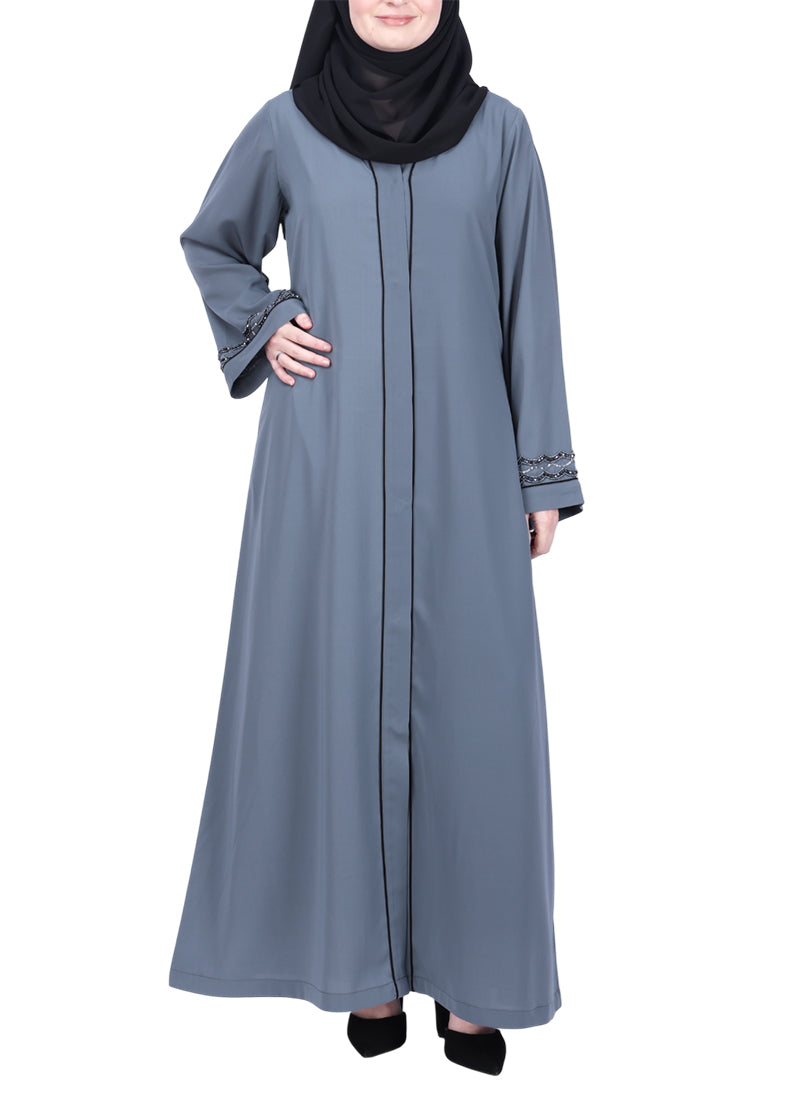 BeingMuslims Opulent Abaya with Delicate Embroidered Sleeve Cuffs. Grey