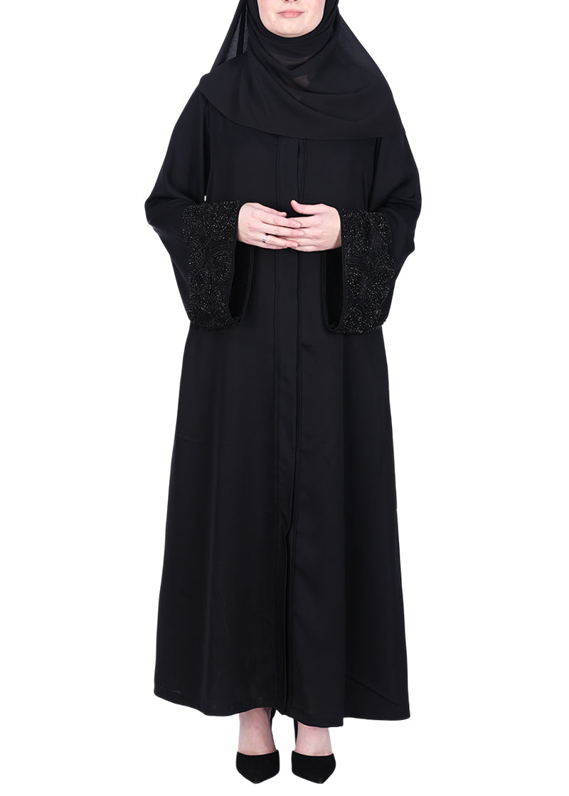 BeingMuslims Abaya with Rich on Embroidery on Sleeves Black