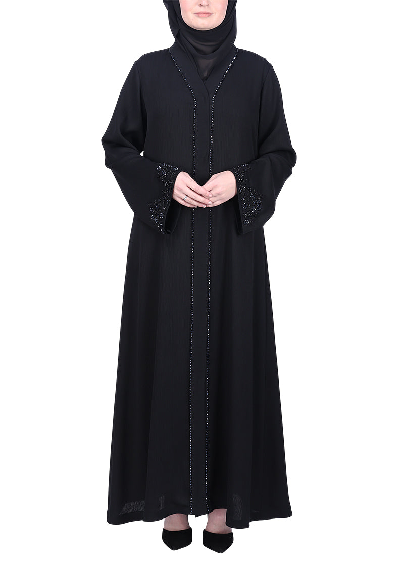 BeingMuslims Black Abaya with Glittering Crystal Embroidery on Front Panel and Sleeves Black
