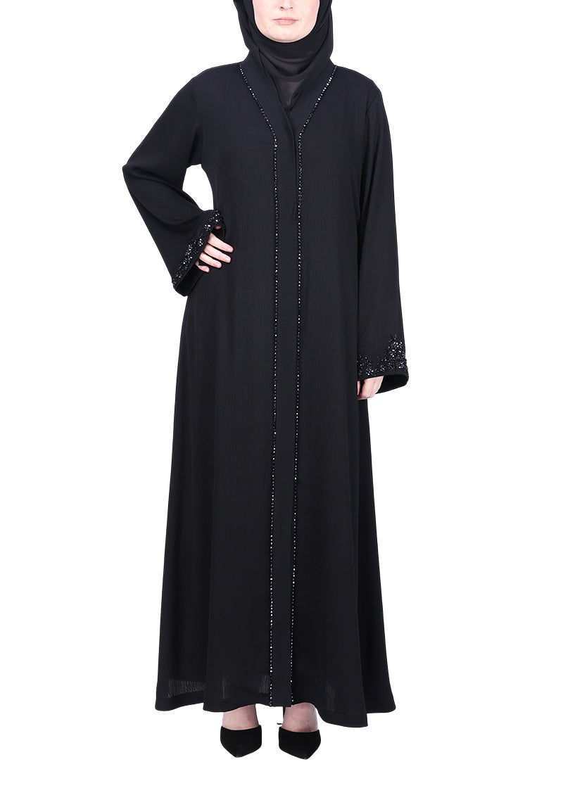BeingMuslims Black Abaya with Glittering Crystal Embroidery on Front Panel and Sleeves Black
