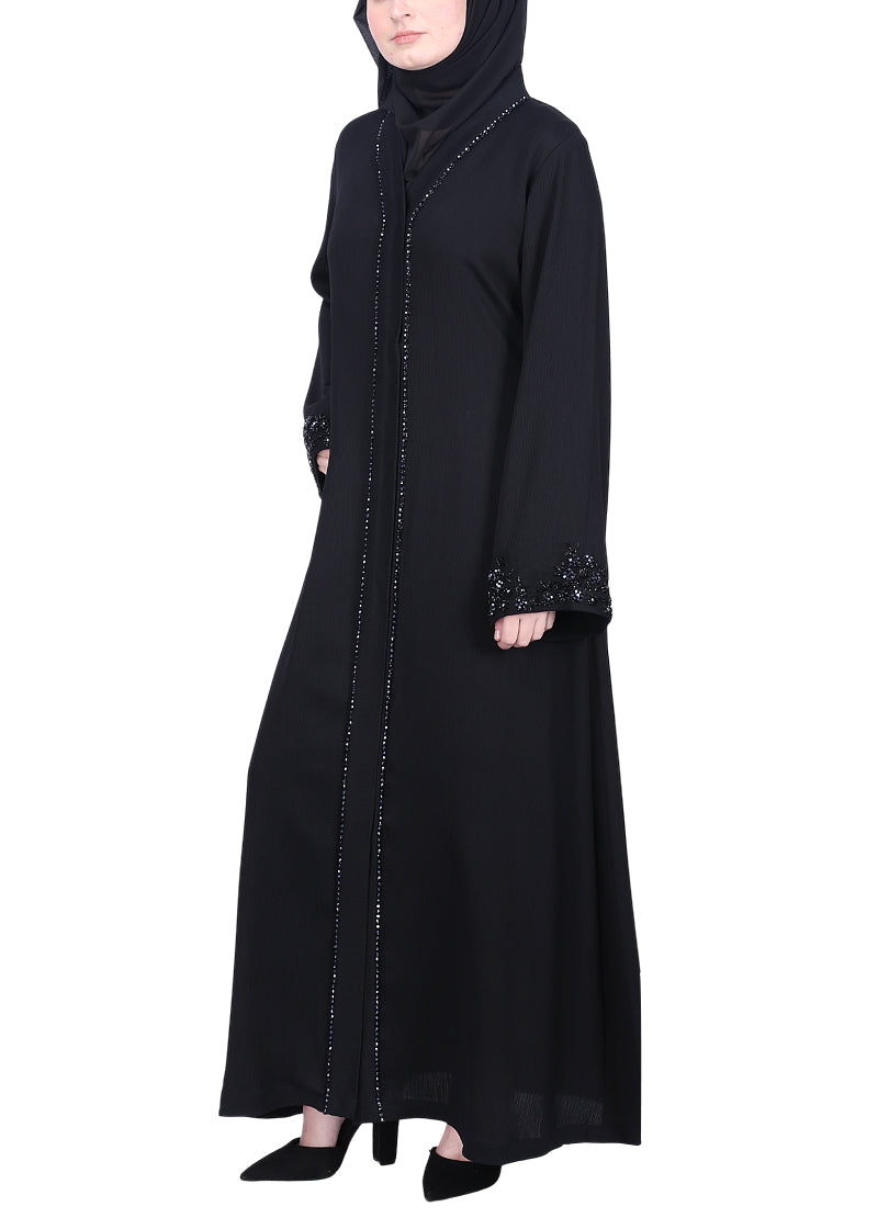 BeingMuslims Black Abaya with Glittering Crystal Embroidery on Front Panel and Sleeves Black
